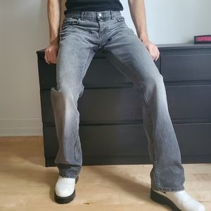 2004 Faded Black Denim Low Waist Boot Cut 7 Pocket Jeans
